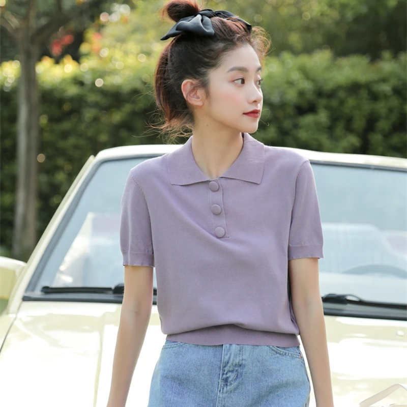 

Casual Solid Colour Knitted Women T-shirt Summer Turn-down Collar Short Sleeves Female Tops Small Fresh Basic Tee Shirts