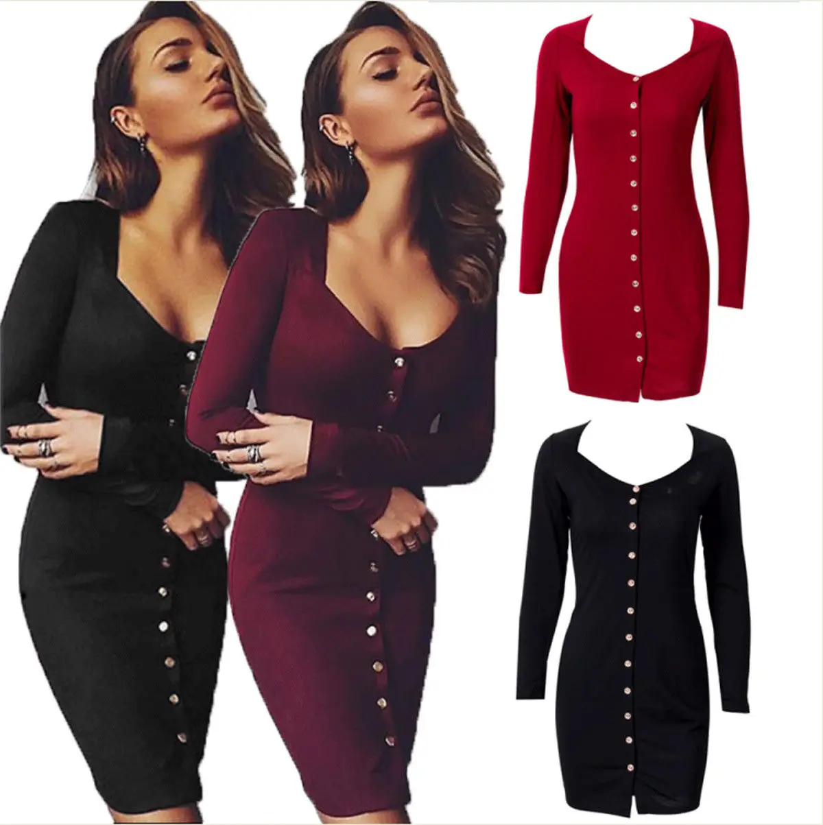 

Fall Winter Casual Women Dresses Bandage Bodycon Clothes Brief Party Pencil Midi Dress