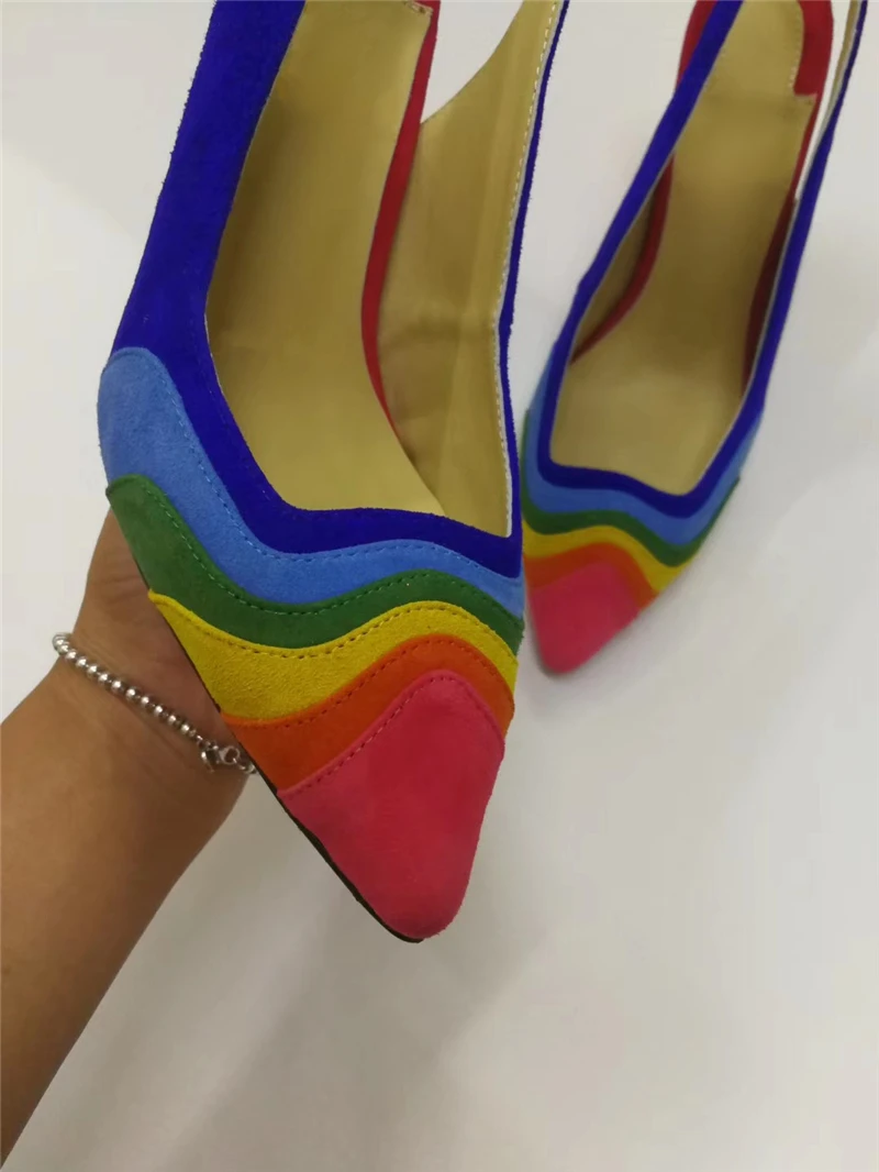 

Colorful Patchwork Dress Shoes Woman Sexy Pointed Toe Back Strap Slingback Slim High Heels Mixed Color Spring Pumps Women