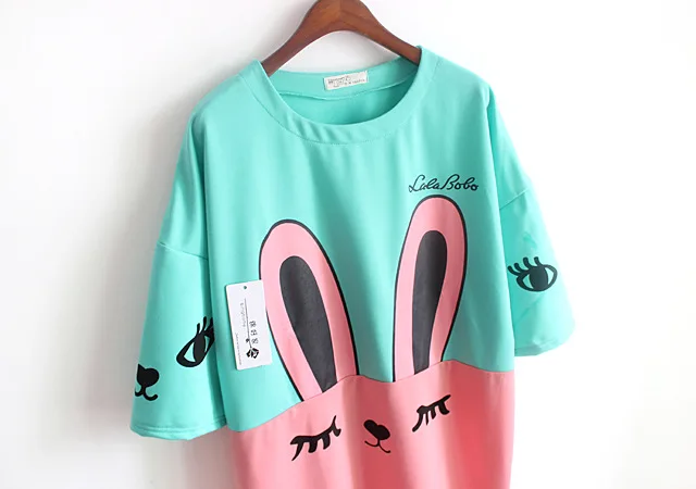 

Adorable Cute Soft Cotton Anime Pattern Long T-shirt Sweet Lolita Japan Kawaii Female Tops Cat Bunny T-shirt Plus Size