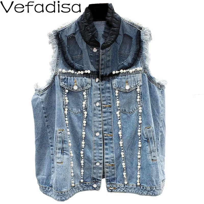 Джинсовый жилет Vefadisa с украшением из синего жемчуга женский вышивкой сетки осень
