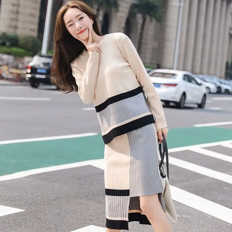 

Autumn Irregular Knitting Pullover Sweater+sweater Splicing Skirt Temperament Suit Tracksuits Women's 2 Piece Sets Womens Outfit