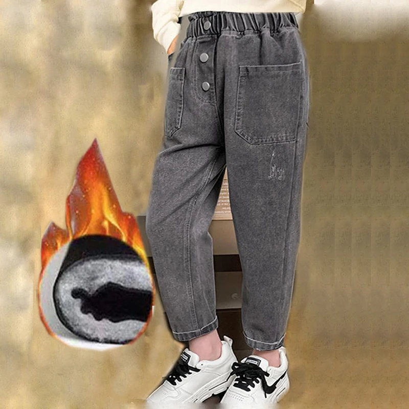 

Winter Kids Children Denim Plush Thicken Velvet Warm Cotton-padded Trousers For Girls School Pocket Harem Pants 4 8 10 Years Old
