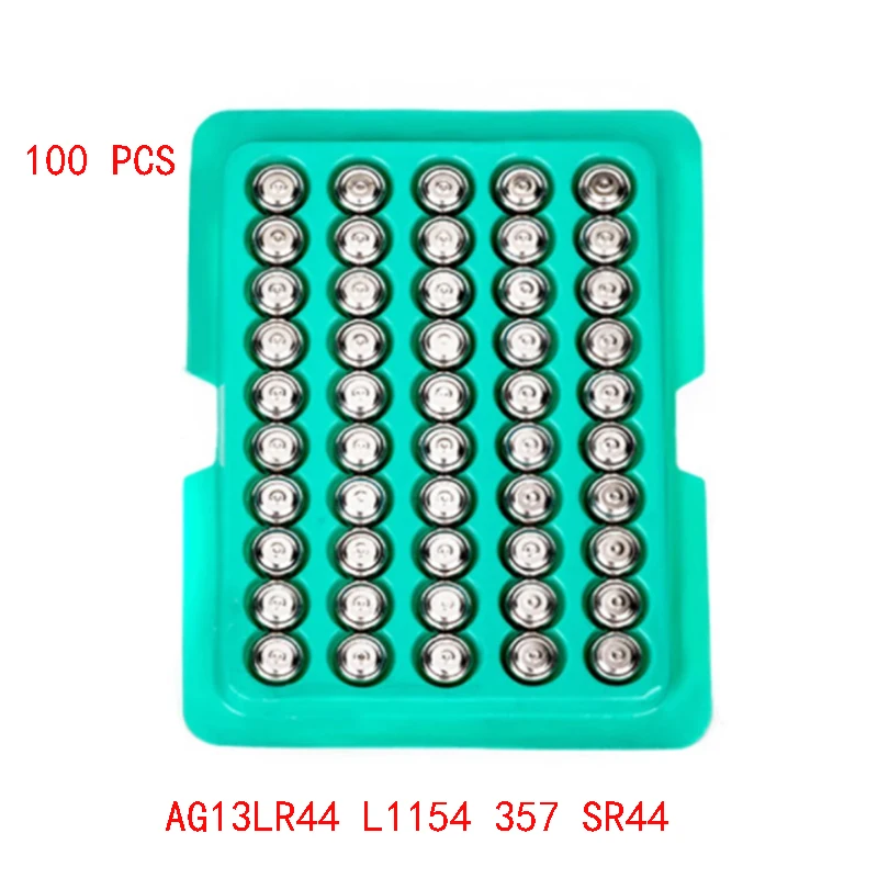 

100% capacity 100pcs Cell Coin Watches Battery LR44 AG13 L1154 357 SR44 1.5V Alkaline Button Batteries Suitable For Watch