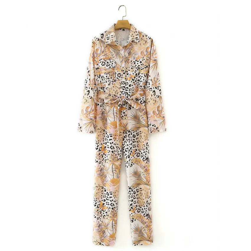 

Women Holiday Yellow Leopard Print Jumpsuit Spring Long Sleeve Turn Down Collar Lacing Up Waist One Piece Leisuire Clothings NEW