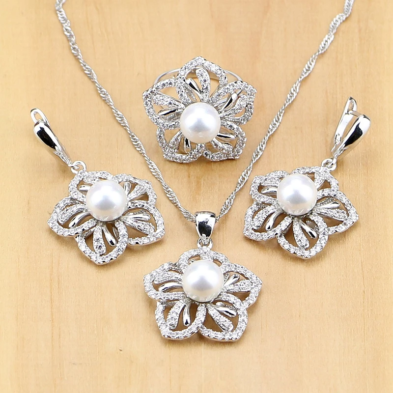 

Flower 925 Sterling Silver Jewelry Freshwater Pearls With Beads Jewelry Set For Women Pendant Drop Earrings Rings Necklace Set