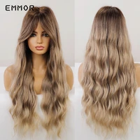 emmor long brown blonde water wave hair wig womens heat resistant synthetic wavy wigs with bangs natural heat resistant wig