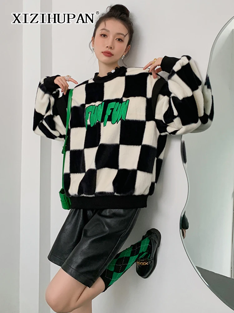 

XIZIHUPAN Plaid Patchwork Patch Sweatshirt For Women Round Neck Long Sleeve Colorblock Loose Fashion Sweatshirts Female 2021 New