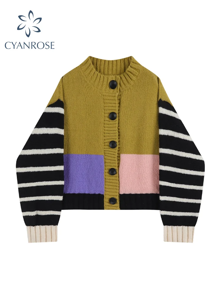 

Women's Patchwork Knitted Sweater O-Neck Long Sleeve Oversized Korean Loose Female Casual Vintage Sweaters Cardigan 2022 Spring