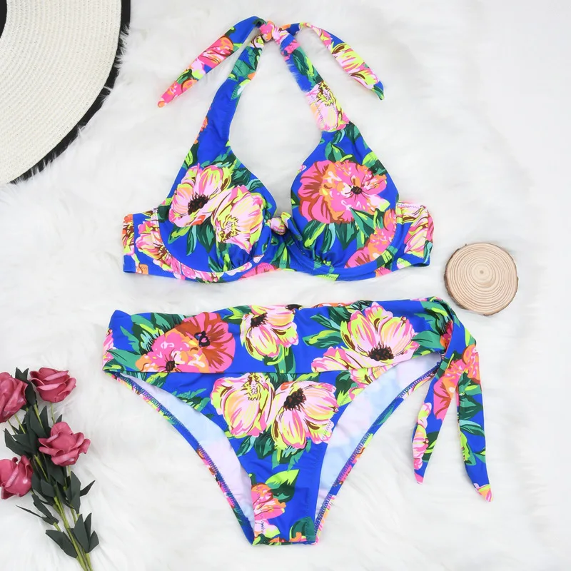

New Sexy Floral Print Large Swimsuits Beach Bikini Push Up Female Plus Size Swimwear Bather Swim Wear Women's Bathing Suit 2021
