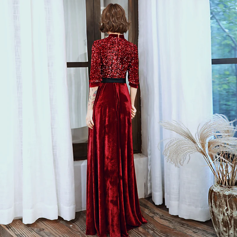 Женское винтажное вечернее платье SSYFashion велюровое винного цвета с рукавом 3/4