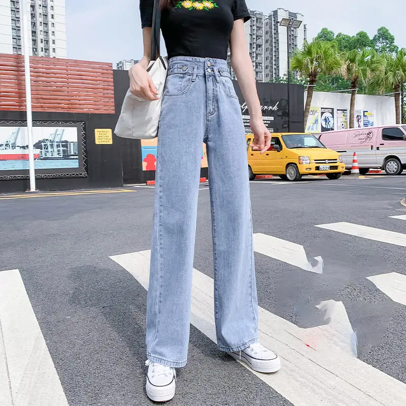 

Long Straight Jeans Woman Loose High Waist Button Pockets Denim Women's Pants 2021 Autumn New Korean Casual Female Trousers