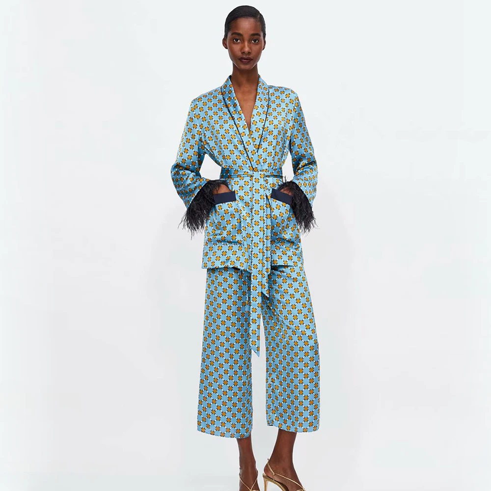 Женский комплект с принтом ZA рубашка длинными рукавами пальто и брюки осень зима