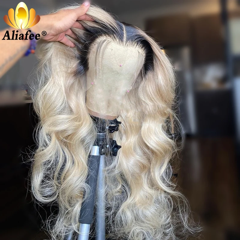 Transparent Blonde Color Remy Hair Straight Wig Lace Front Human 30 inch 1B 613 Ombre Part Wigs For Black Women | Шиньоны и парики