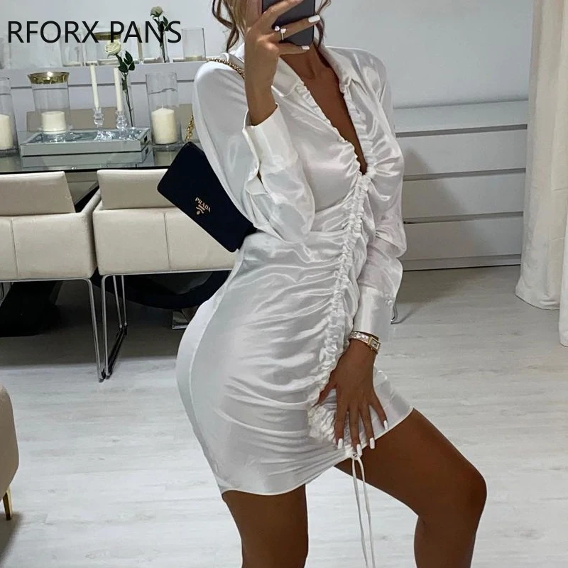 

Women Solid Deep V neck Long Sleeves Shirring Mini Party Sexy White Dress