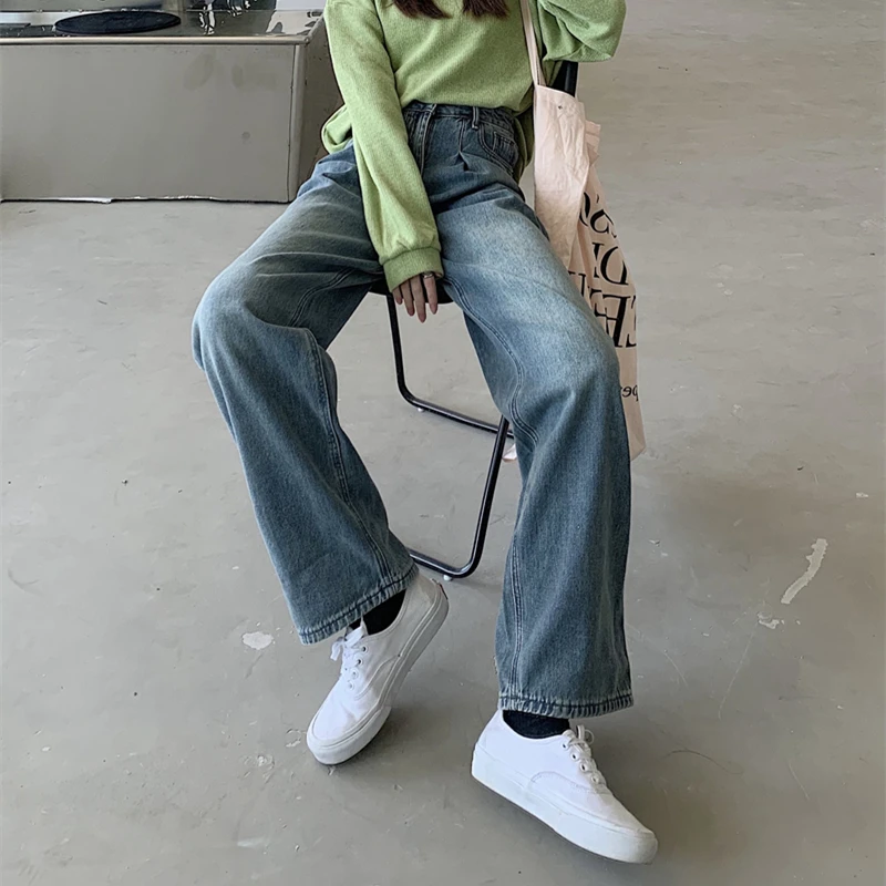 Уличная Высокая талия женские модные джинсы прямые брюки винтажные | Женская