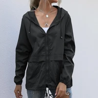 solid color zipper closure hooded jacket thin long sleeve windproof women drawstring jackets coat female clothing