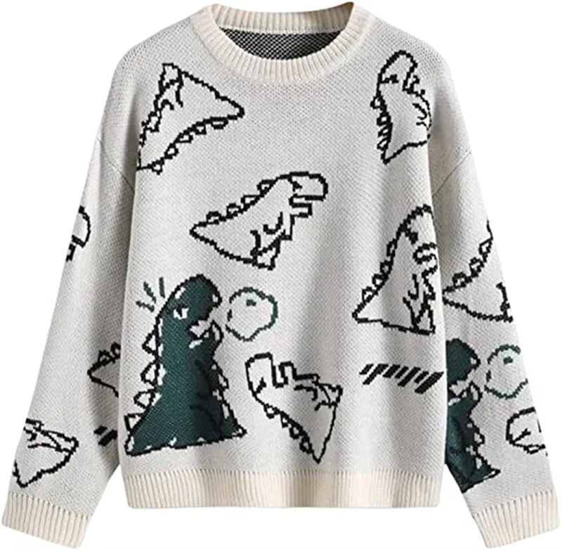 

hirigin Fashion Women Knitwear Pullovers Sweaters Knitted Cartoon Dinosaur Print Round Neck Long Sleeve Tops Spring Autumn 2021