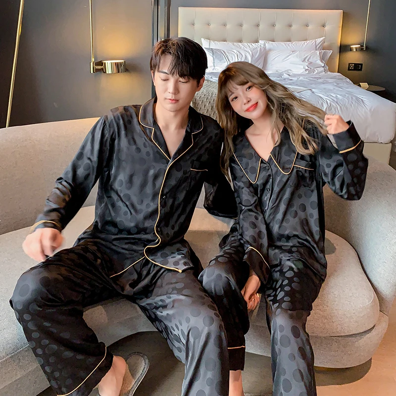 

2021 Spring Women's Pajamas Set Luxury Style Fresh Polka Dot Lovers' Sleepwear Silk Like Couple Home Clothes Nightwear for Men