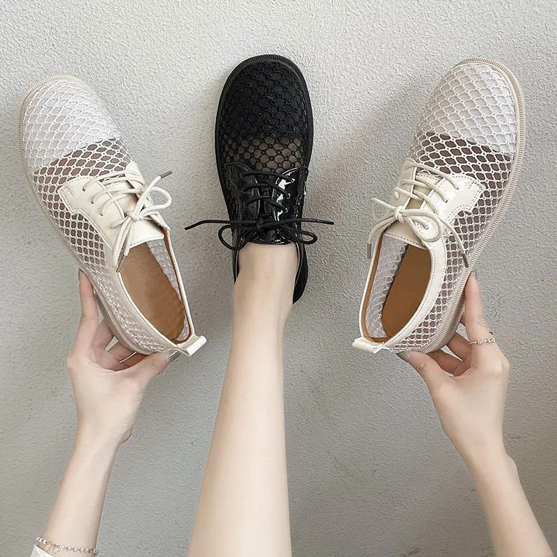 

Shoes Woman Mesh Breathable Lace Up Low Heel Shoes Ladies Solid Splicing Pumps Fashion Female Square Heel Footwear New