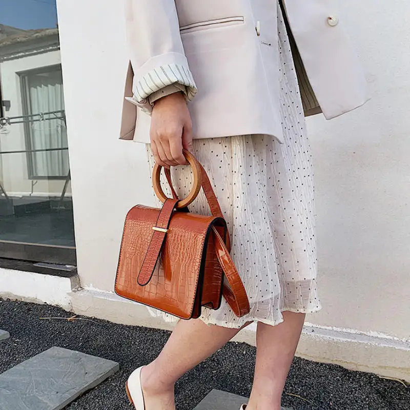 

Elegant Women Crocodile Pattern PU Leather Shoulder Bag Solid Color Crossbody Bag Ladies Fashion Ring Handbags