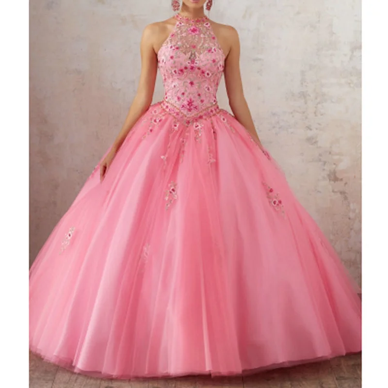 Розовое Бальное платье платья для Quinceanera иллюзионный лиф с вышивкой тюль