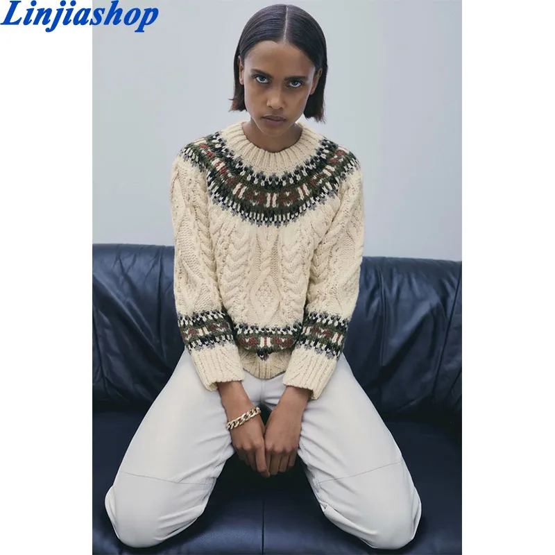 

Winter Za 2021 White Jacquard Knitted Sweater Women Contrast Pullover Oversized Argyle Woman Sweaters Long Sleeve Autumn Clothes