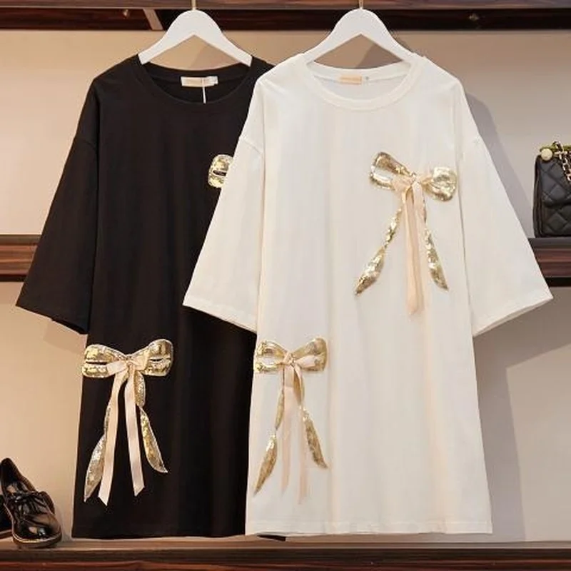 

Plus Size Women T Shirt Spring Summer 2022 Casual Bow O-Neck Short Sleeve Ladies Tees Fashion Cotton Female Tops Y714