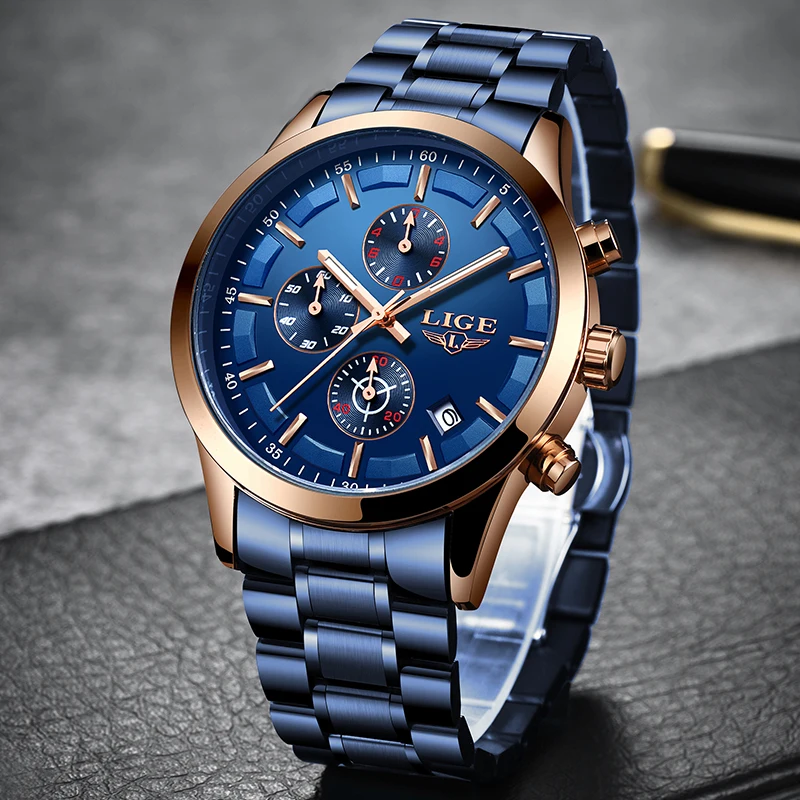 Часы наручные LIGE Мужские кварцевые с хронографом модные брендовые Роскошные