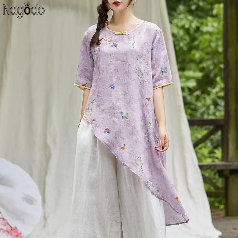 

Nagodo Linen Chinese Traditional Shirt 2020 Orgional Vintage Large Loose Irregular Long Chinese Blouse Half Sleeve Chinese Top