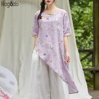 nagodo linen chinese traditional shirt 2020 orgional vintage large loose irregular long chinese blouse half sleeve chinese top