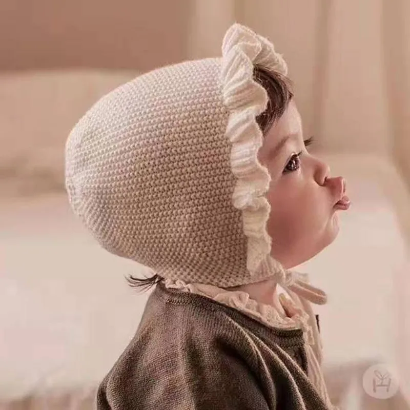Шапочка для новорожденных девочек с милым цветком вязаная теплая весна-осень |