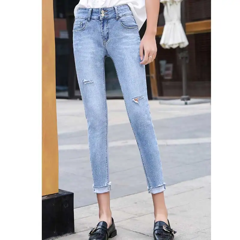 Джинсы с дырками женские весенние корейские узкие брюки высокой талией