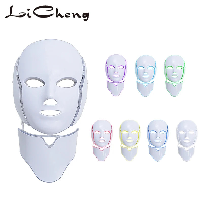 Licheng, 7 цветов, светодиодный, с шейной терапией, фотон, Корейская, омоложение акне, для лица, красота, спа, светодиодный, отбеливающая маска для лица