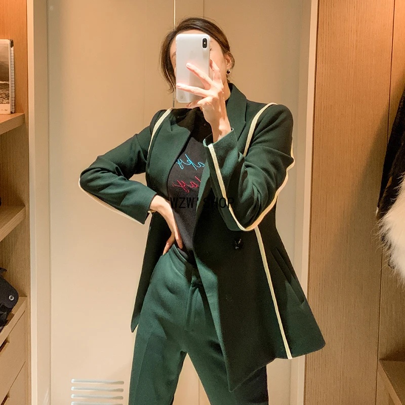 

Модный Зеленый женский костюм, облегающий комплект из 2 предметов, элегантный Блейзер и брюки для девушек, Женский Деловой брючный костюм, б...