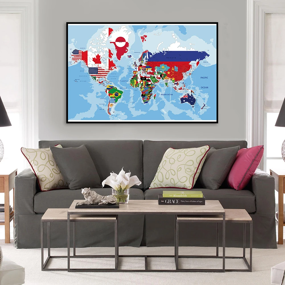 

60*40cm The World Political Map Canvas Painting Creative Wall Art Poster School Supplies Classroom Living Room Home Decor
