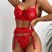 yimunancy 3 piece floral embroidery lace bra set with underwire women thong underwear set ladies red sexy lingerie set