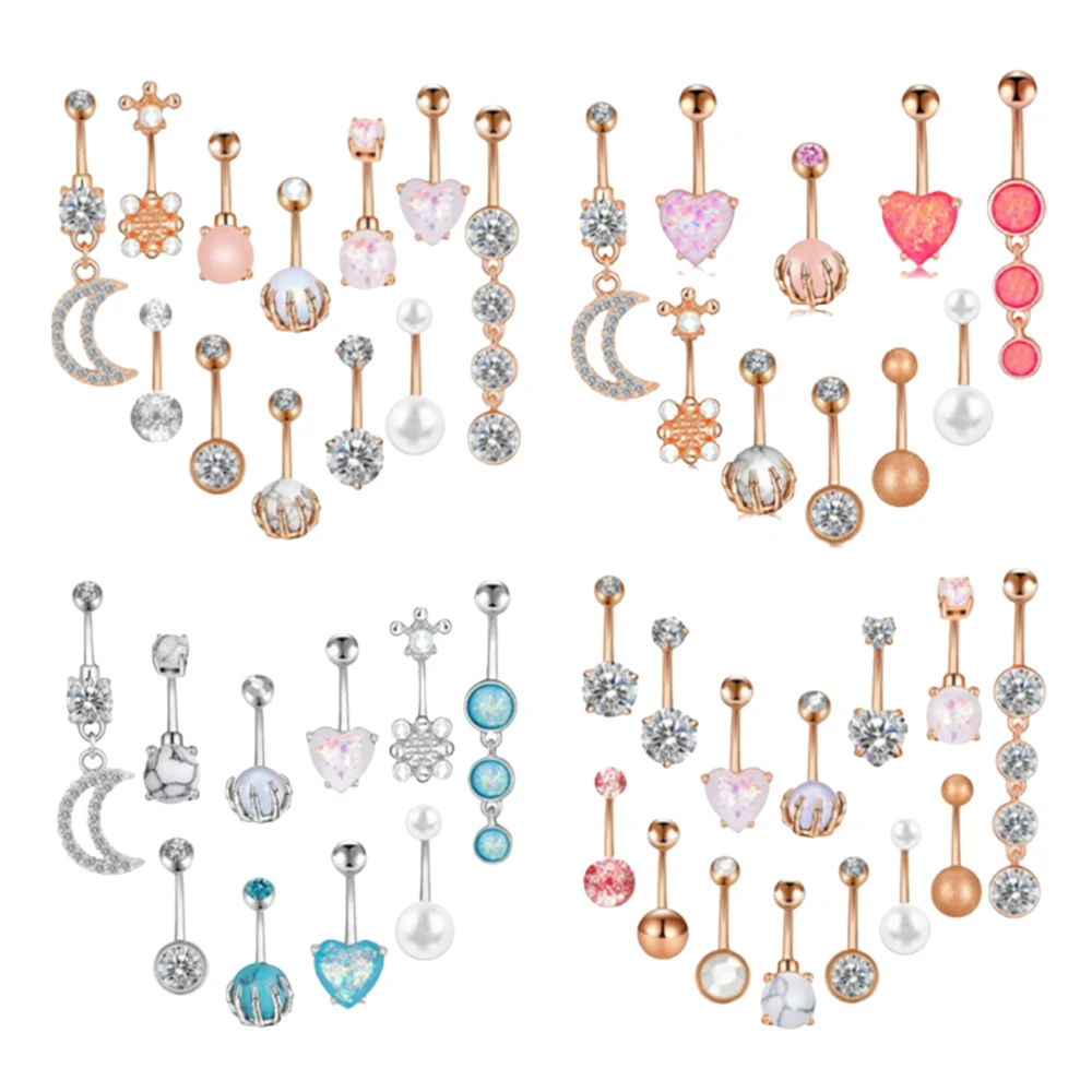1 Set Rose Gold Moon Belly Button Piercing Ring Surgical Steel Zircon Claw Navel Septum Fake Heart Opal Piercings Body Jewelry