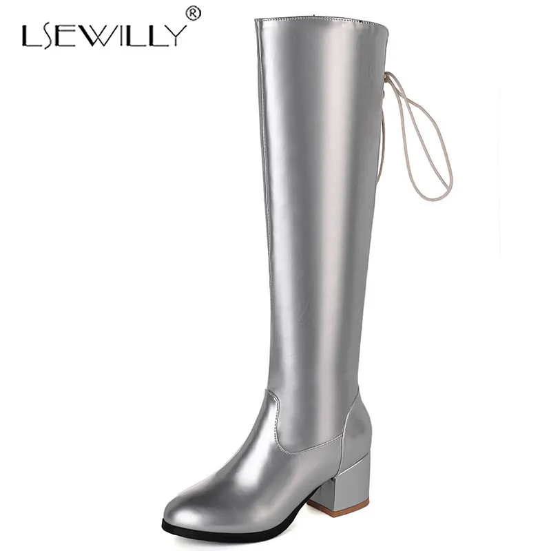 Женские сапоги до колена на массивном каблуке молнии с мехом большие размеры 32