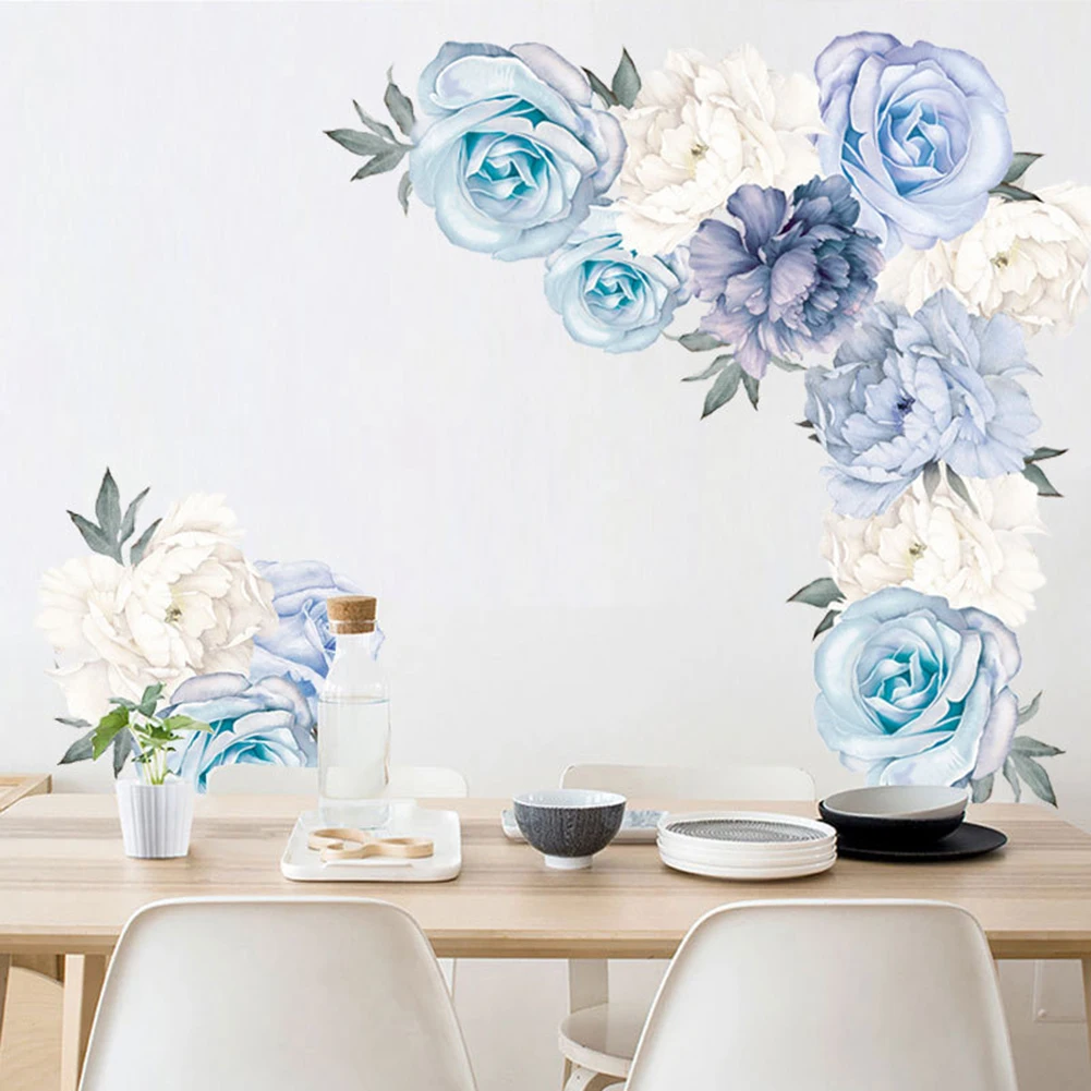 Light blue peony flower combination wall sticker Background self-adhesive Home decoration stickers | Дом и сад