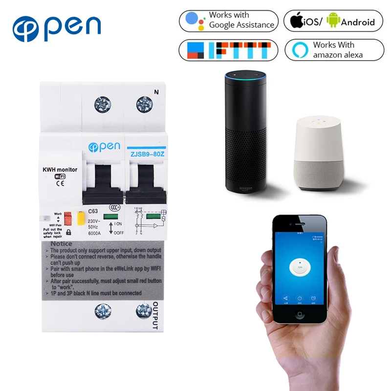 Автоматический выключатель с дистанционным управлением 2P Wi-Fi мониторинг энергии