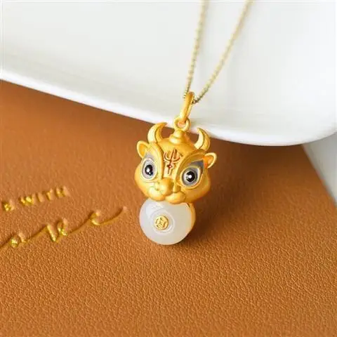 

Natural Hetian Jade Peace Buckle Ox Pendant Twist Qiankun Cute Ancient Sterling Silver Inlaid Animal Year Necklace