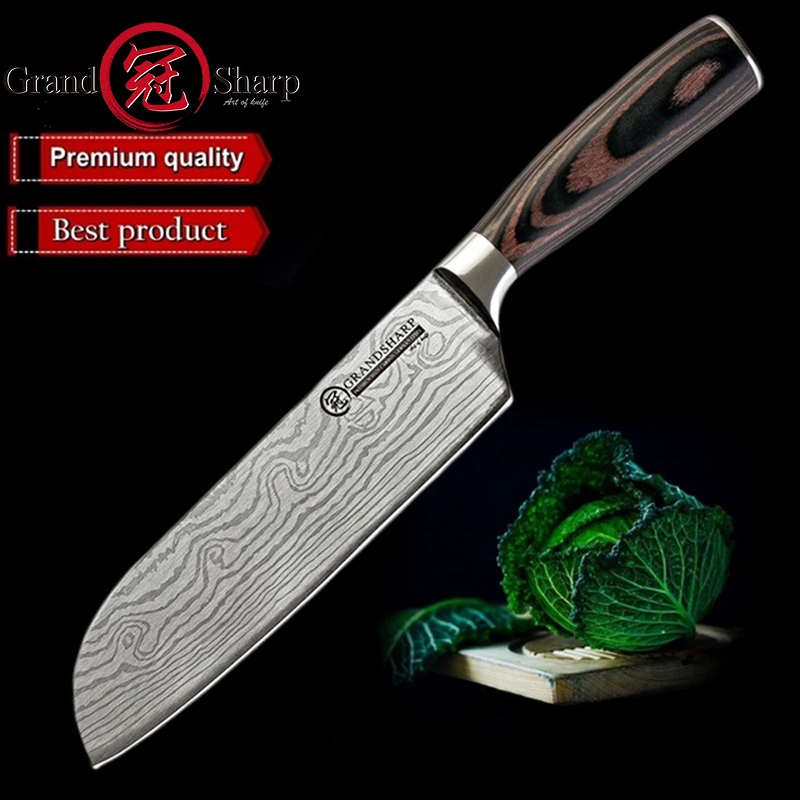 Кухня Ножи 7 дюймов Santoku Ножи японский Нержавеющая сталь шлифовальный станок лазерный нож с узором острое лезвие Ножи подарок Ножи