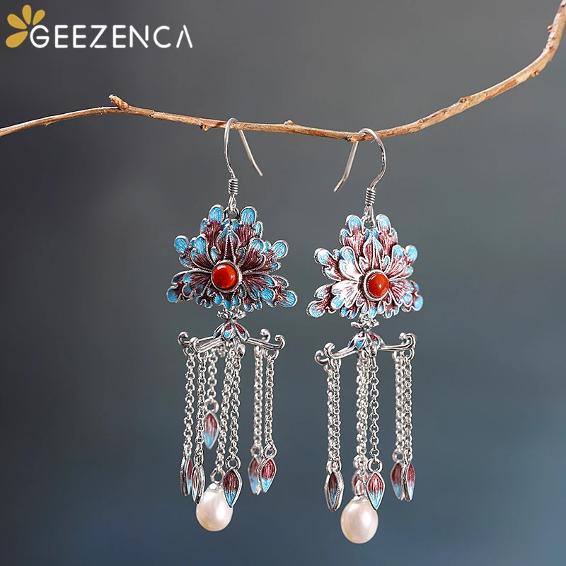 

Винтажные серьги с кисточками в виде лотоса, S925 Серебряный жемчуг, агат, эмаль, Крафт, серьги, ювелирные украшения для женщин, этнический мод...