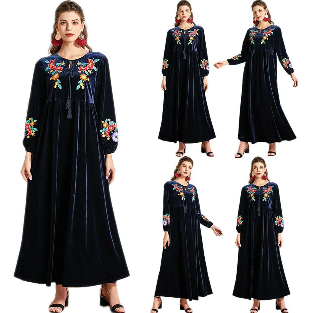 

Plus Size Women Velvet Long Dress Winter Embroidery Ethnic Abaya Islamic Arab Middle East Caftan Muslim Eid Ramadna Middle East