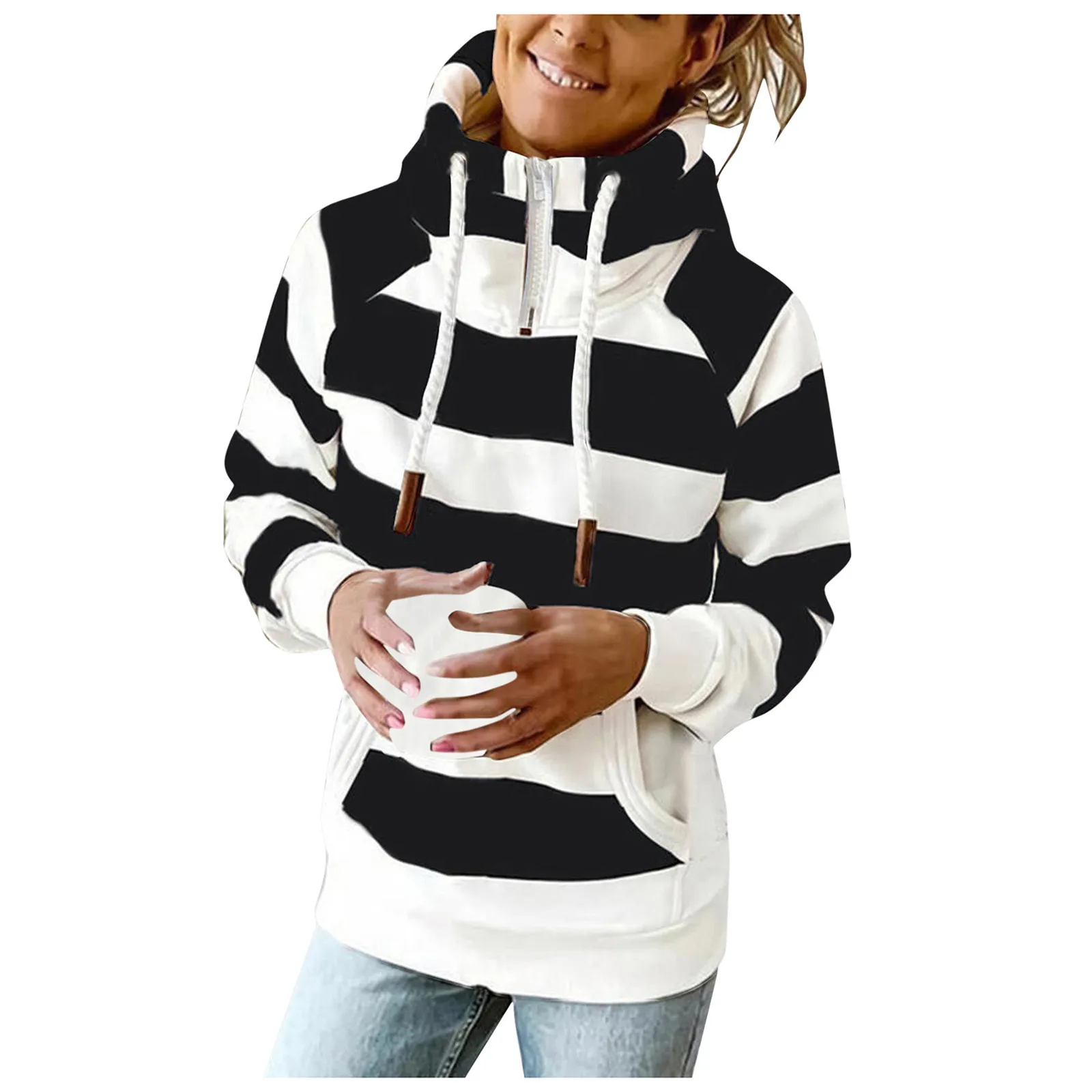 

Толстовка Женская в стиле Харадзюку, свитшот с высоким воротником, уличная одежда, модная повседневная толстовка с принтом в полоску, худи, ...