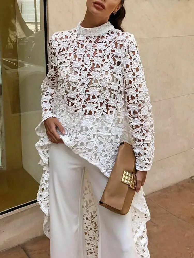 Женская блузка с длинным рукавом кружевная Длинная цветочным узором короткая