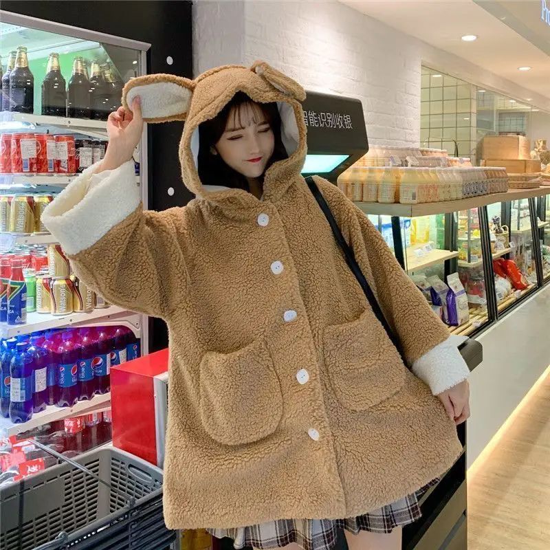 

Korean Women's Imitation Cashmere Sweater Rabbit Ear Long Sleeve Loose and Versatile Student Hooded Coat
