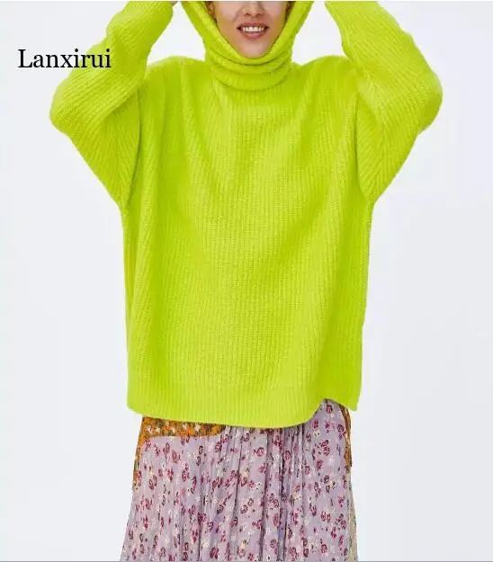 Женский трикотажный свитер в полоску флуоресцентный зеленый пуловер с высоким