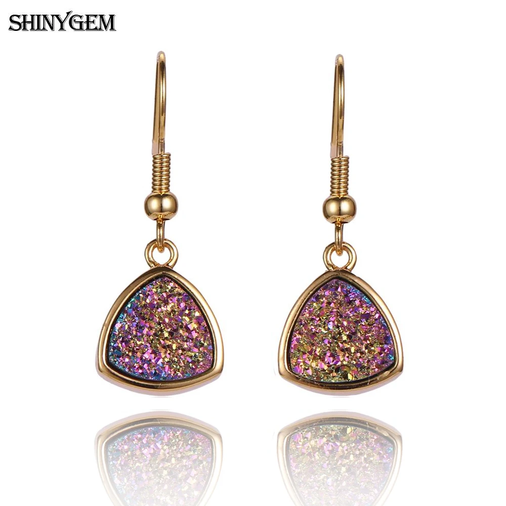 

ShinyGem Trendy Triangle Druzy Crystal Earrings Sparkling Natural Opal Stone Gold Plating Drop Long Earrings For Women Wedding